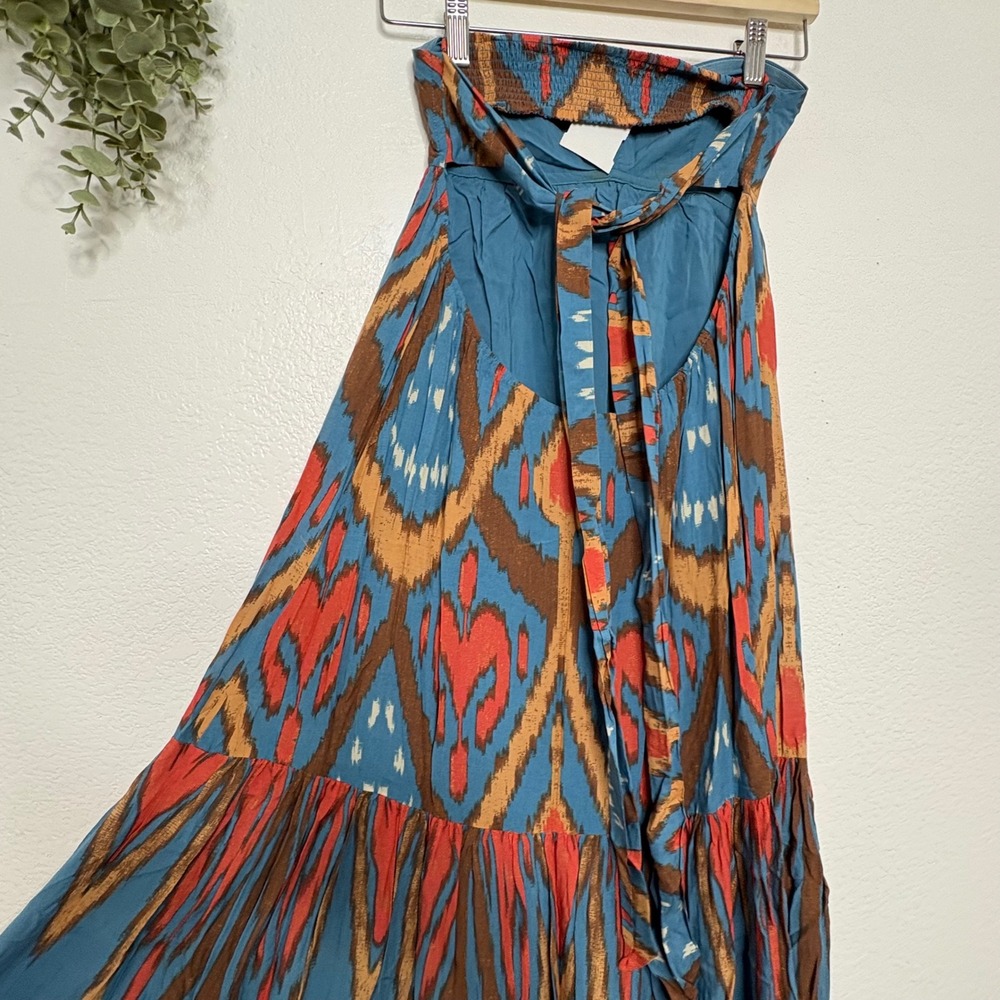 Free People Strapless Ikat Maxi Dress Blue Rust Boho Smocked Tiered XS - Picture 7 of 9